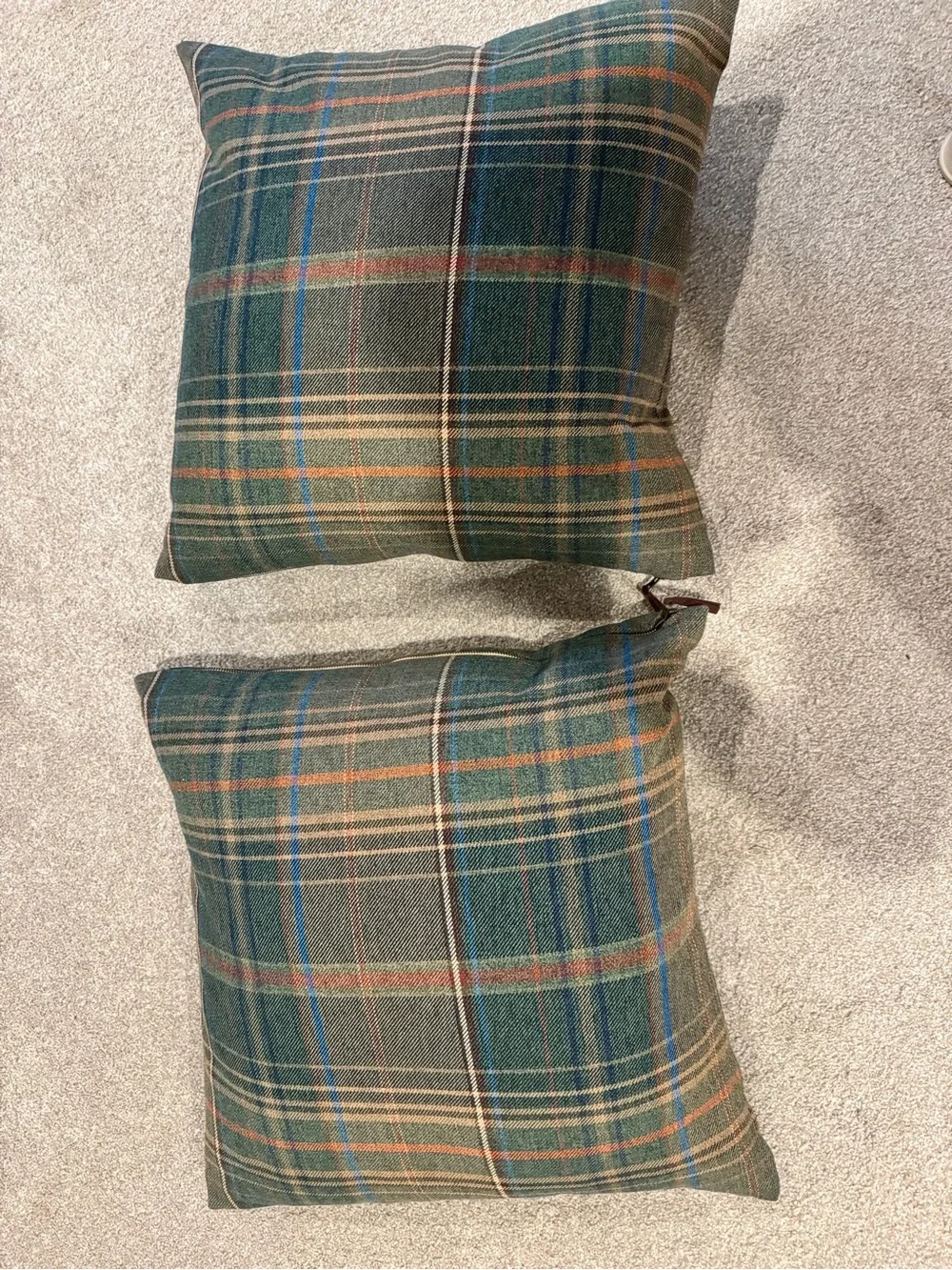 Pottery Barn Qty 2 Plaid Green Accent Throw Pillows 20”w/Down Inserts. Like new.